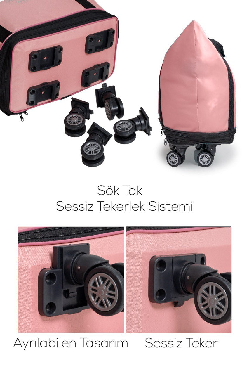 İki Körüklü Demonte Sessiz Tekerlekli Valiz/Çanta/Bavul(pembe)