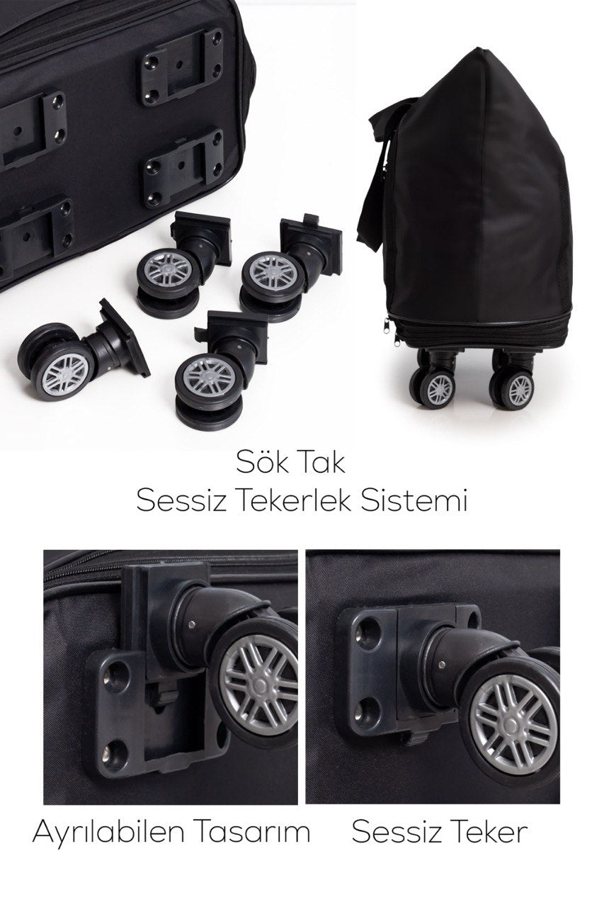 İki Körüklü Demonte Sessiz Tekerlekli Valiz/Çanta/Bavul(siyah)