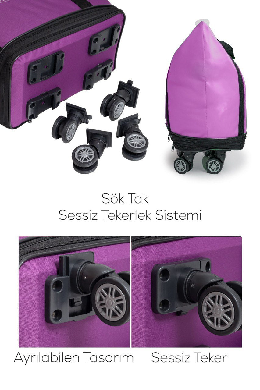 İki Körüklü Demonte Sessiz Tekerlekli Valiz/Çanta/Bavul(Mürdüm)
